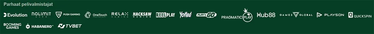 Logos of top casino game providers displayed in a horizontal row, including Evolution, Nolimit City, Push Gaming, Relax Gaming, Hacksaw Gaming, Pragmatic Play, Playson, Quickspin and others. The section highlights trusted and popular game developers available on the platform.