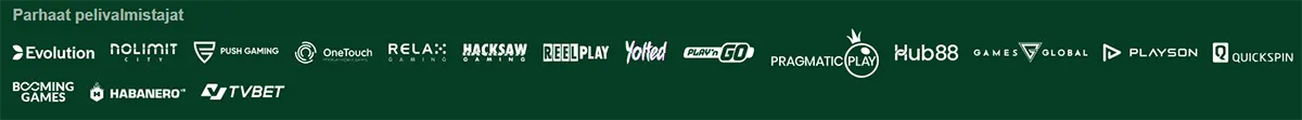 Logos of top casino game providers displayed in a horizontal row, including Evolution, Nolimit City, Push Gaming, Relax Gaming, Hacksaw Gaming, Pragmatic Play, Playson, Quickspin and others. The section highlights trusted and popular game developers available on the platform.