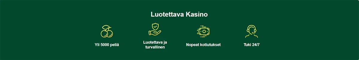 Finnish casino feature banner displaying icons for 5000+ games, trusted and safe gaming, fast withdrawals, and 24/7 support. The layout uses minimal yellow line icons on a dark green background to highlight the platform’s key advantages.