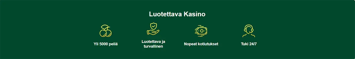 Finnish casino feature banner displaying icons for 5000+ games, trusted and safe gaming, fast withdrawals, and 24/7 support. The layout uses minimal yellow line icons on a dark green background to highlight the platform’s key advantages.