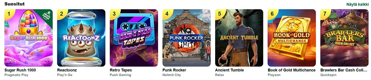Finnish ‘Suositut’ section showing popular slot games such as Sugar Rush 1000, Reactoonz, Retro Tapes, Punk Rocker, Ancient Tumble, Book of Gold Multichance and Brawlers Bar Cash Collect. The game covers are displayed in a horizontal carousel with bright, colourful artwork and numbered ranking badges.