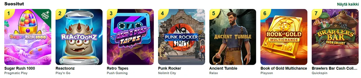 Finnish ‘Suositut’ section showing popular slot games such as Sugar Rush 1000, Reactoonz, Retro Tapes, Punk Rocker, Ancient Tumble, Book of Gold Multichance and Brawlers Bar Cash Collect. The game covers are displayed in a horizontal carousel with bright, colourful artwork and numbered ranking badges.